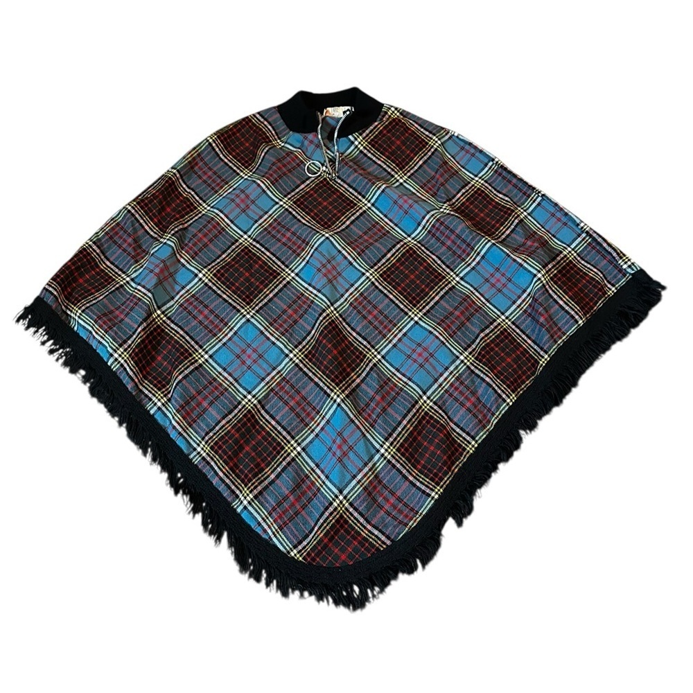 Plaid vintage 1960s Poncho with Fringe